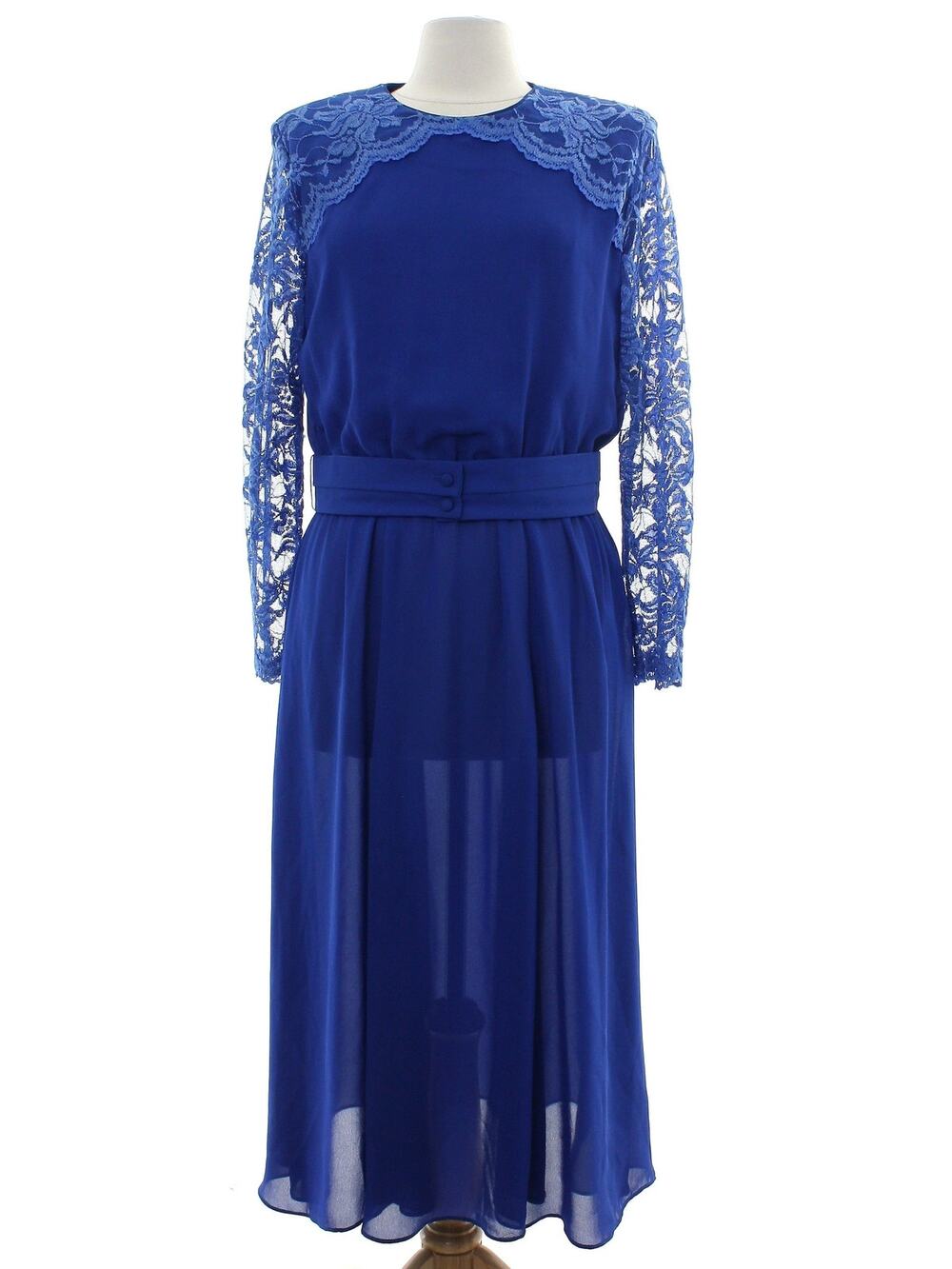 Vintage 80s Women's Medium Private Affaire Navy Lace Sleeve Midi Dress Belted